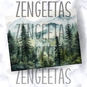 May include: A watercolour painting depicting a misty forest with tall evergreen trees and mountains in the background. The artwork uses a palette of greens, blues, and whites, creating a tranquil atmosphere. The word "ZENGEETAS" is printed across the image.