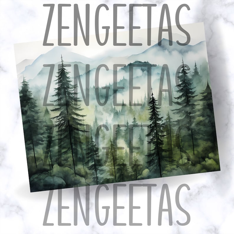 May include: A watercolour painting depicting a misty forest with tall evergreen trees and mountains in the background. The artwork uses a palette of greens, blues, and whites, creating a tranquil atmosphere. The word "ZENGEETAS" is printed across the image.