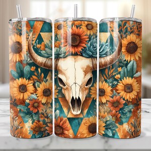 Boho Aztec 20oz tumbler wrap, 20 oz Western Bull Skull sublimation design, Rustic Watercolor Cactus Tribal Pattern Tumbler Wrap Png, Flowers