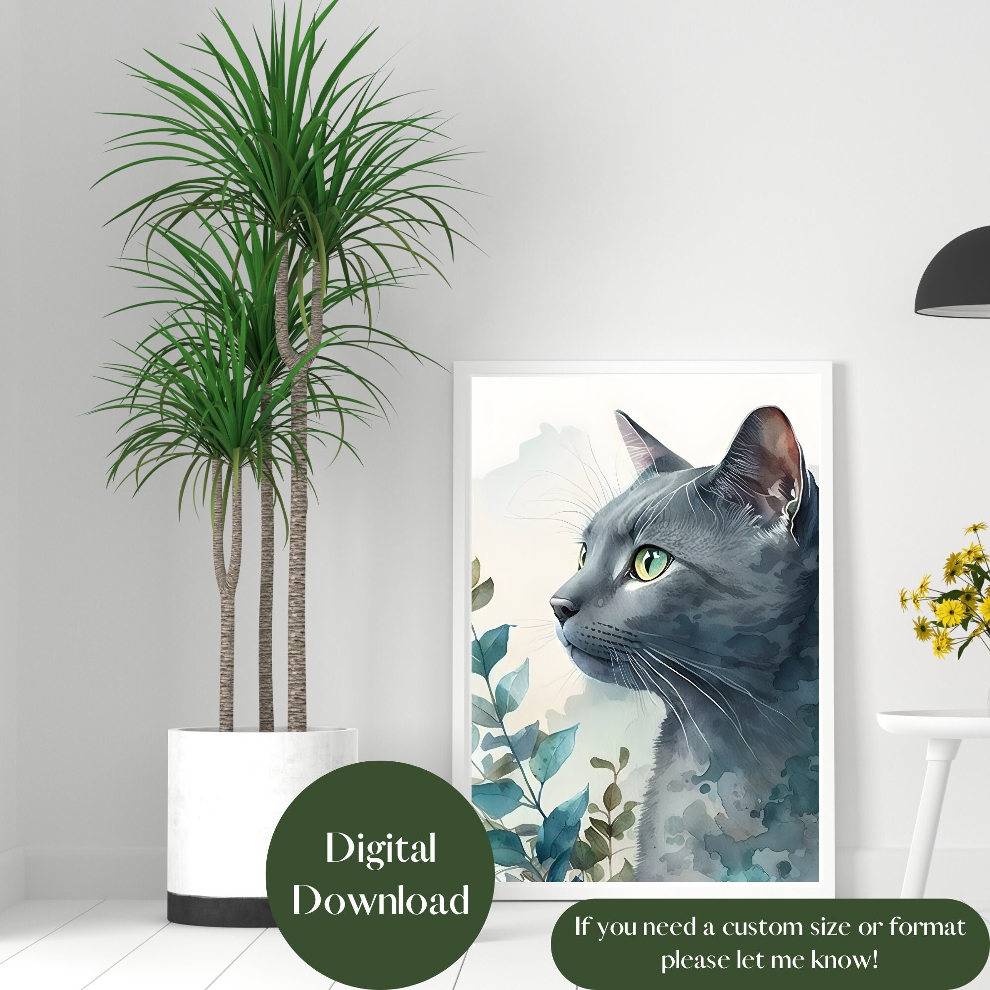Watercolor Russian Blue Printable Art Grey Cat Digital Art Printable ...