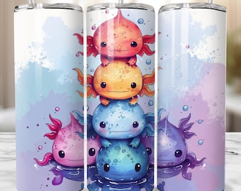 May include: A set of three stainless steel tumblers with a colorful cartoon design of axolotls stacked on top of each other. The axolotls are different colors, including pink, blue, green, yellow, and orange. The background is a watercolor-style design with light blue, purple, and pink colors.