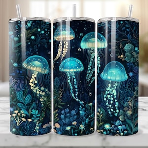 May include: Three stainless steel tumblers with a dark blue background and a design of glowing blue jellyfish with white spots and tentacles. The jellyfish are surrounded by dark blue and green foliage.