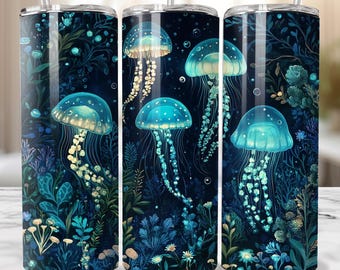 Celestial Jellyfish Grden Tumbler Wrap PNG, Seamless 20oz Skinny Tumbler Sublimation Design, Straight,  Galaxy Jellyfish Pattern, Flowers,