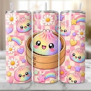 May include: A cylindrical tumbler with a straw featuring a repeating pattern of rainbow-colored, smiling dumpling characters in bamboo steamers, white daisies, pastel hearts, stars, and rainbows against a light pink and white checkered background.