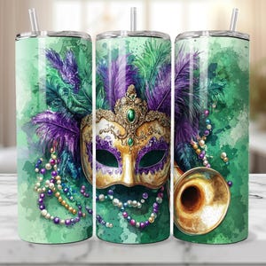 Mardi Gras Jeweled Mask Design, Mardi Gras 20 oz Skinny Straight Tumbler Sublimation Design, Tumbler Wrap, PNG Digital Download, Trumpet,