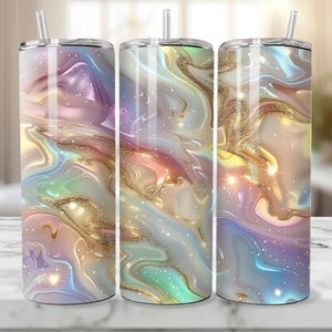 May include: Three stainless steel tumblers with a colourful abstract design featuring swirls of pink, blue, green, and gold. The design resembles a marble or agate pattern.