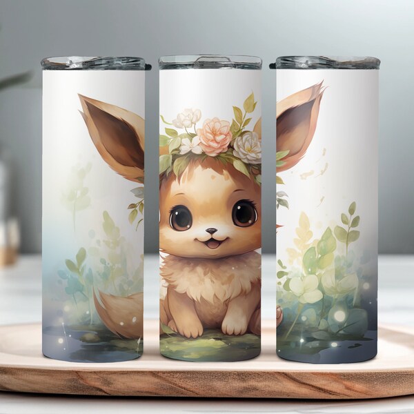 Pokemon Tumbler Wrap, Sublimation 20 Unzen, Skinny, Instant PNG, Evoli, lebendige Farben, kinderfreundlich, Geschenk, Blumenkrone, niedlich, Kinder, Anime,