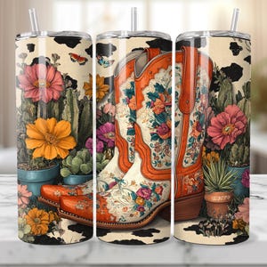 Western Cowgirl Boots Tumbler Wrap, 20 oz Skinny Tumbler Sublimation Design Wrap, Digital Download, Straight Design PNG, Cactus & Flowers