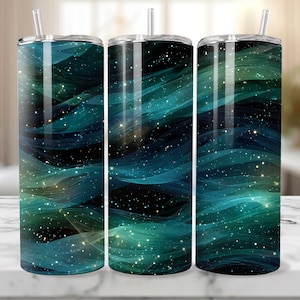 Seamless Cool Dreamy Glitter Tumbler Wrap, Blue Green Swirl Marble, 20 oz Skinny Sublimation PNG, Iridescent Digital Download, Dark, Ocean