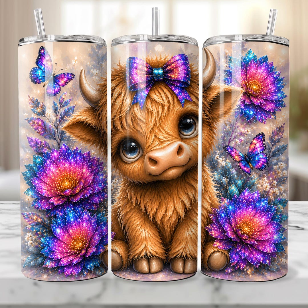Highland Cow Tumbler Wrap PNG | Sparkle Galaxy Floral Cute Baby Cow ...