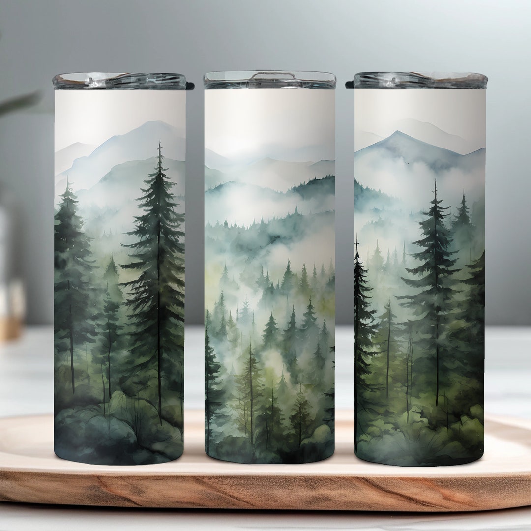 Misty Pine Forest Tumbler Wrap, Mountain Tumbler, Camping tumbler, Sublimation 20 oz, Skin