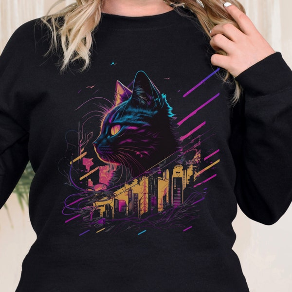 Vaporwave Cyberpunk Cat T-Shirt, Feline Teeshirt, Synthwave Sweatshirt,  Gift 80s, retro, futuristic, Retrowave, Neon Synthwave Sunset