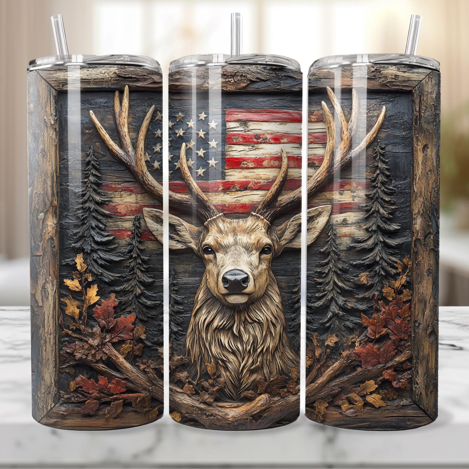 3D Deer American Flag 20 Oz Skinny Tumbler Sublimation Design, Straight ...