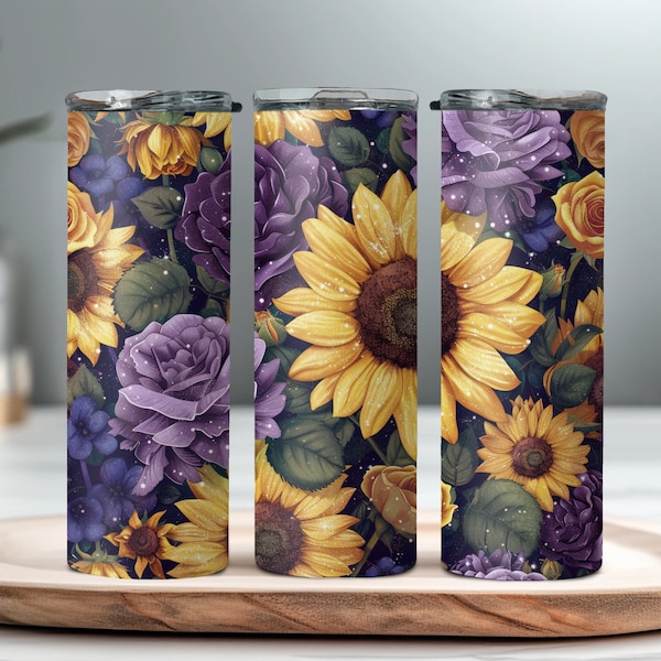 Seamless Purple Roses and Sunflowers Tumbler Wrap, Sublimation 20 oz, Skinny, Instant PNG, Flower Tumbler Wrap, Love, For her, Mom, 3D, Kids