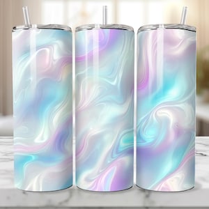 May include: Three stainless steel tumblers with a swirling iridescent marble pattern in shades of blue, purple, and white.