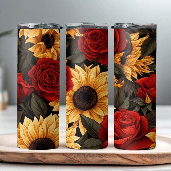 Seamless Roses and Sunflowers Tumbler Wrap, Romantic, Sublimation 20 oz, Skinny, Instant PNG, Flower Tumbler Wrap, Love, For her, Mom, 3D