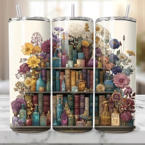 Witchy Bookshelf Tumbler Wrap PNG, 20oz Skinny Sublimation, Potion Bottles & Dark Florals Design, Book Lover Digital Download Art, BookTok