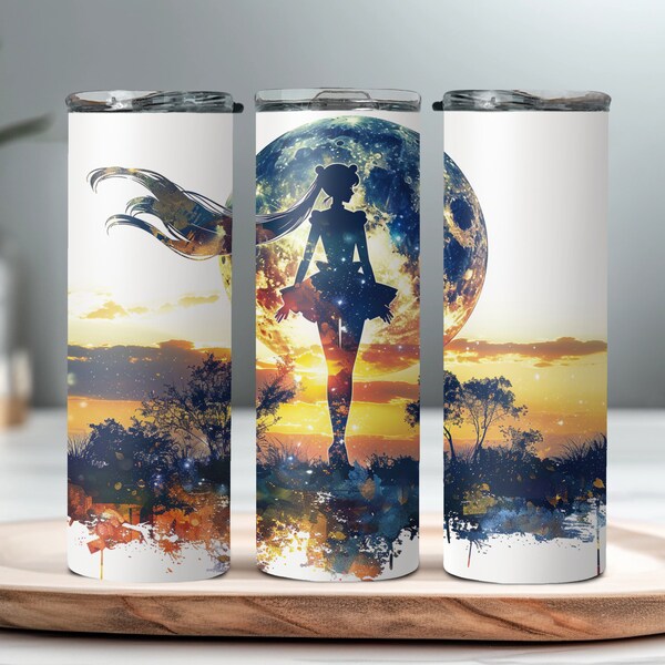 Anime Inspired Tumbler Wrap, SM, Sublimation 20 oz, Skinny, Instant PNG, Watercolor, Sailor Moon, Manga, Crystal, Silhouette, Gift, Nature,