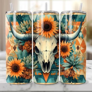 Boho Aztec 20oz tumbler wrap, 20 oz Western Bull Skull sublimation design, Rustic Watercolor Cactus Tribal Pattern Tumbler Wrap Png, Cactus