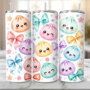 May include: Three cylindrical tumblers with clear straws, featuring a white background decorated with a repeating pattern of colorful kawaii-style dumplings with smiling faces, pastel bows, and small flowers in shades of pink, blue, and yellow.
