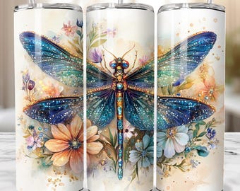 3D Magical Dragonfly Wrap, 20oz Skinny Tumbler PNG, Seamless Digital Download, Mystical Insect for Sublimation, Gemstones, Flower Tumbler