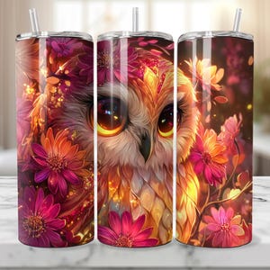 Whimsical Owl Tumbler Wrap PNG, Glowing Floral Owl 20oz Skinny Sublimation Design, Digital Bird PNG, Magical Owl Tumbler, Instant Download