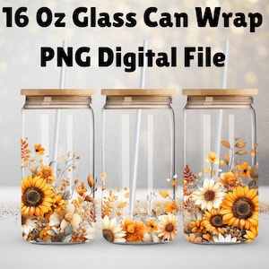 Sunflowers - Watercolor Style - Frosted Glass Libbey Can Wrap - 16oz - PNG - Digital Sublimation Design - Instant Download, Rustic, Country