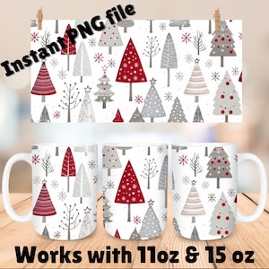 Puede incluir: Tazas de cerámica blanca con un diseño de árboles de Navidad en rojo y gris, junto con un diseño a juego sobre un fondo rectangular. Los textos "Instant PNG file" y "Works with 11oz & 15 oz" son visibles.