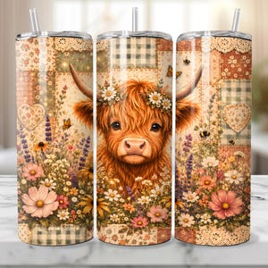 May include: A stainless steel tumbler featuring a Highland cow with a floral crown, surrounded by flowers and butterflies. The design incorporates patchwork patterns in shades of beige, pink, and green. Includes a clear straw and lid.