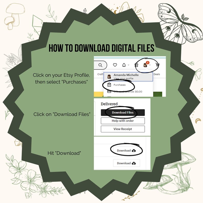 May include: A green star-shaped graphic with text that reads "HOW TO DOWNLOAD DIGITAL FILES". The graphic shows a screenshot of an Etsy profile with instructions on how to download digital files. The text reads "Click on your Etsy Profile, then select 'Purchases'. Click on 'Download Files'. Hit 'Download'."
