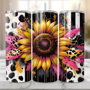Sunflower Cow Print 20oz Skinny Tumbler Wrap, Sublimation Design, Digital Download PNG, Western Mama Tumbler Wrap PNG, Rustic, Country, Pink