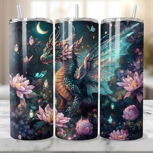 May include: A stainless steel tumbler with a colorful dragon design. The dragon is surrounded by flowers and butterflies. The background is a dark blue with a crescent moon.
