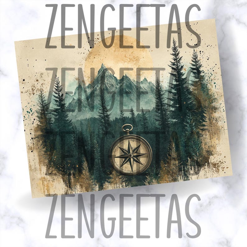 May include: A vintage compass with a gold finish and a black needle sits in front of a watercolor painting of a mountain range and forest. The background is a faded brown with the word "ZENGEETAS" repeated in a stylized font.