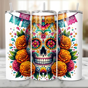 DIA De Los MUERTOS Vintage Halloween Sugar Skull 20oz Skinny Tumbler Wrap, Diseño de sublimación, PNG, Arte floral colorido, Tradición mexicana
