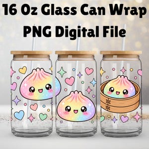 May include: Three clear 16 oz glass cans with bamboo lids and straws, featuring a repeating digital wrap design of rainbow-colored, smiling dumpling characters surrounded by colorful hearts and star shapes, with one dumpling inside a bamboo steamer.