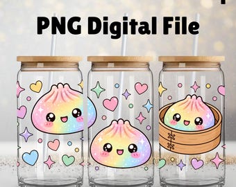 Glitter Dumpling 16oz Glass Can Wrap PNG, Kawaii Rainbow Dumpling Libbey Cup Wrap, Cute Pastel Dim Sum Squishy Sublimation Digital Download