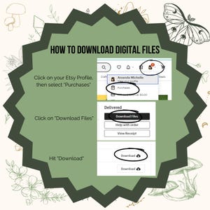 Puede incluir: Un gr&aacute;fico verde en forma de estrella con el texto "HOW TO DOWNLOAD DIGITAL FILES". El gr&aacute;fico muestra una captura de pantalla de un perfil de Etsy con instrucciones sobre c&oacute;mo descargar archivos digitales. El texto dice "Haz clic en tu perfil de Etsy, luego selecciona 'Compras'. Haz clic en 'Descargar archivos'. Pulsa 'Descargar'."