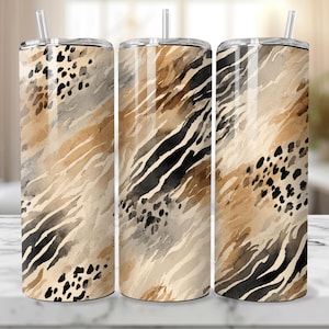 May include: Three stainless steel tumblers with lids and straws. Each tumbler features a watercolor animal print design in shades of brown, black, and gray. The design includes zebra stripes and leopard spots.