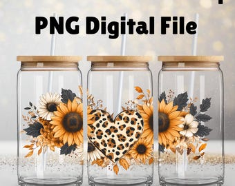 Boho Sunflower Floral Libbey Glass Wrap Png, Fall Flower 16oz Libby Beer Can Full Wrap Cup tumbler png Sublimation Designs, Instant Download
