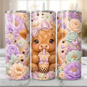 Highland Cow Boba Tea Tumbler Wrap PNG 20oz Skinny Sublimation Cute Kawaii Cow Bubble Tea Pastel Floral Coquette Design Digital Download