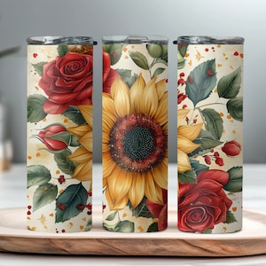Seamless Red Roses and Sunflowers Tumbler Wrap, Romantic, Sublimation 20 oz, Skinny, Instant PNG, Flower Tumbler Wrap, Love, For her, Mom,