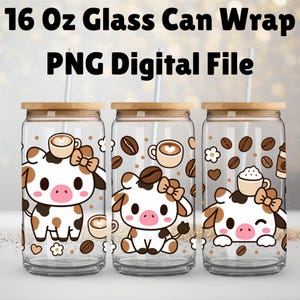 May include: Three 16 oz glass cans with bamboo lids and straws, featuring a digital wrap design of cartoon cows with brown spots, pink noses, and bows. The pattern includes coffee cups, coffee beans, hearts, and small white flowers.