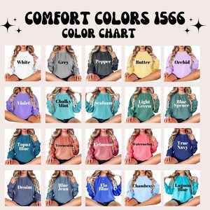 May include: A color chart of Comfort Colors 1566 sweatshirts, showing 20 different colors, including white, grey, pepper, butter, orchid, violet, chalky mint, seafoam, light green, blue spruce, topaz blue, terracotta, crimson, watermelon, true navy, blue denim, blue jean, flo blue, chambray, and lagoon blue.