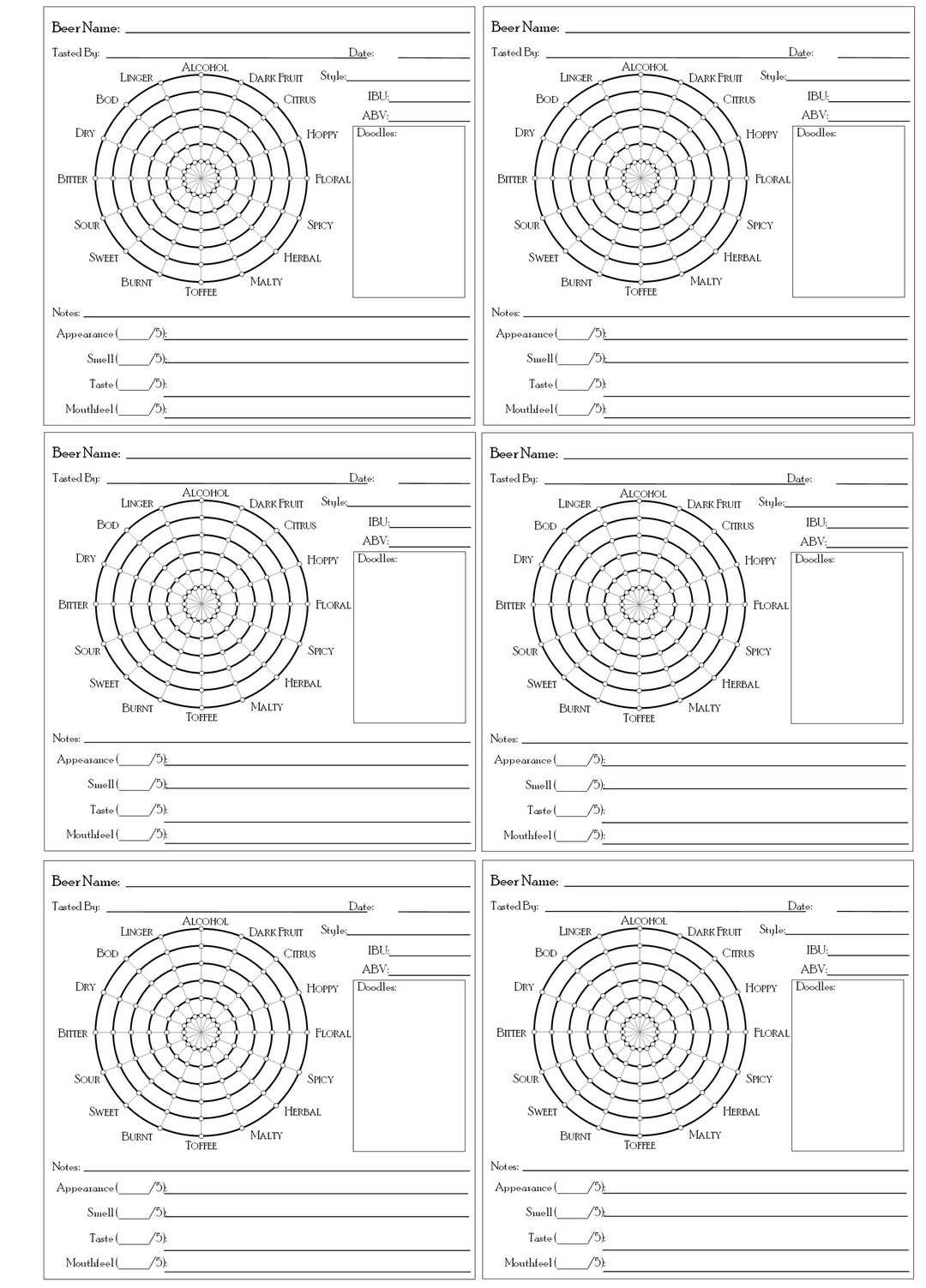 Beer Tasting Log Sheets Etsy