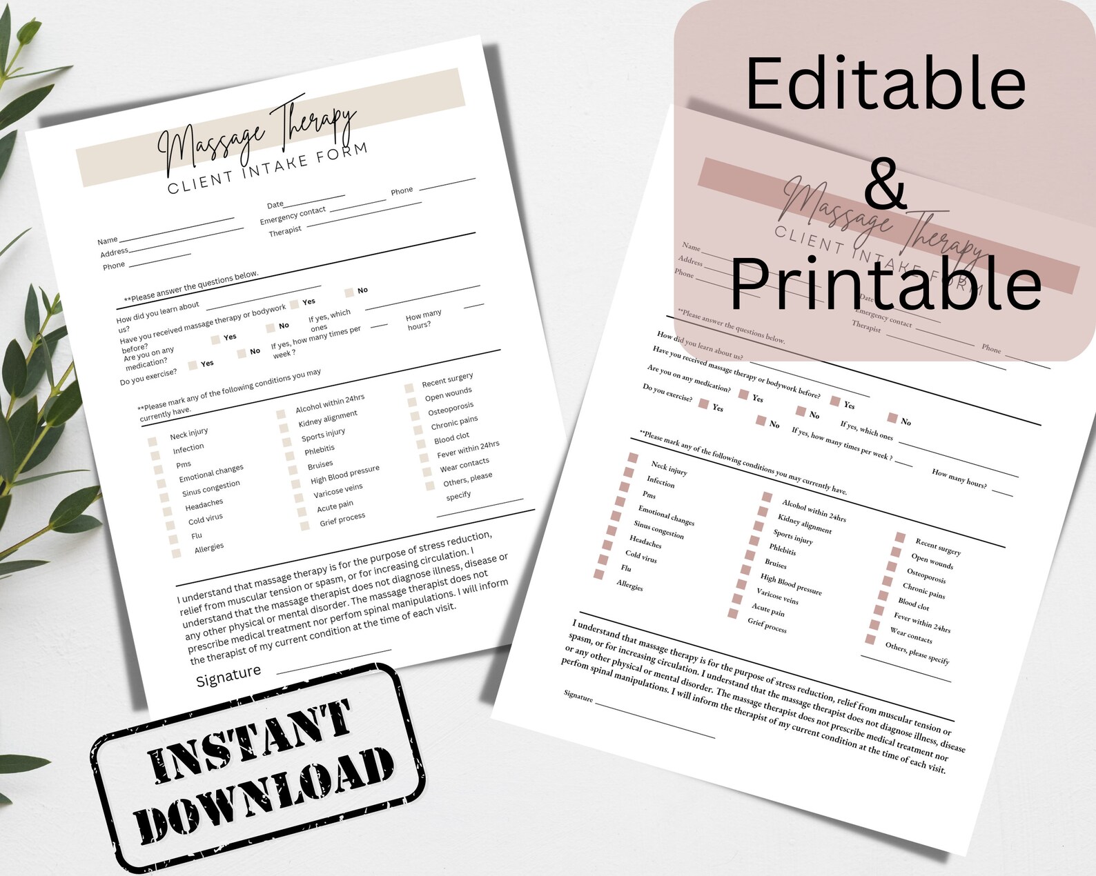 Client Intake Form | Massage Therapist | Editable | Printable | Massage ...