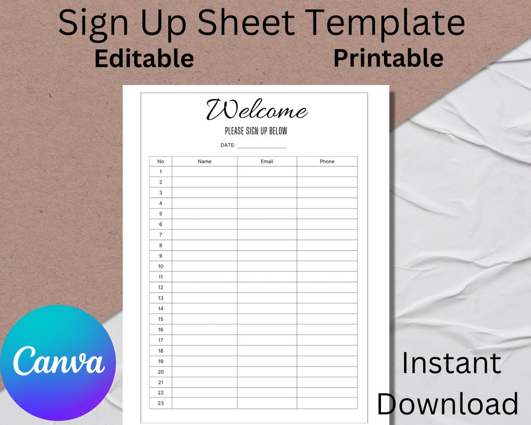 Minimalist Sign up Sheet Editable Printable Sign up Template Sign up