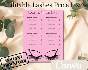 Lista de precios de pestañas editables / Plantilla / Imprimible / Descarga instantánea / Plantilla Canva / Pequeñas empresas / Negocios de pestañas /