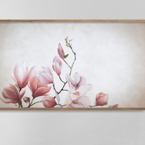 Ästhetischer Aquarell-Magnolien-Rahmen TV-Kunst | Neutrale Magnolien-Blumen-Malerei | Botanische Wallpaper DIGITALER Download Frühling Hintergrund 0073