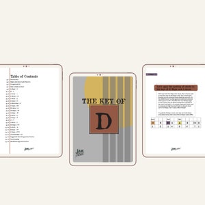 May include: A digital tablet screen displaying a music theory lesson on the key of D major and D minor. The text "The Key of D" is displayed in a large font with a brown rectangle behind the letter D. The lesson includes a table with the spelling of chords in the key of D major and D minor.