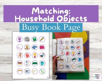 May include: A busy book page with a matching activity for household objects. The page features a variety of colorful images, including a toaster, a book, a pencil, a lamp, a chair, a spoon, a sofa, and a mug. The page is designed to help children learn about different household objects and their names.